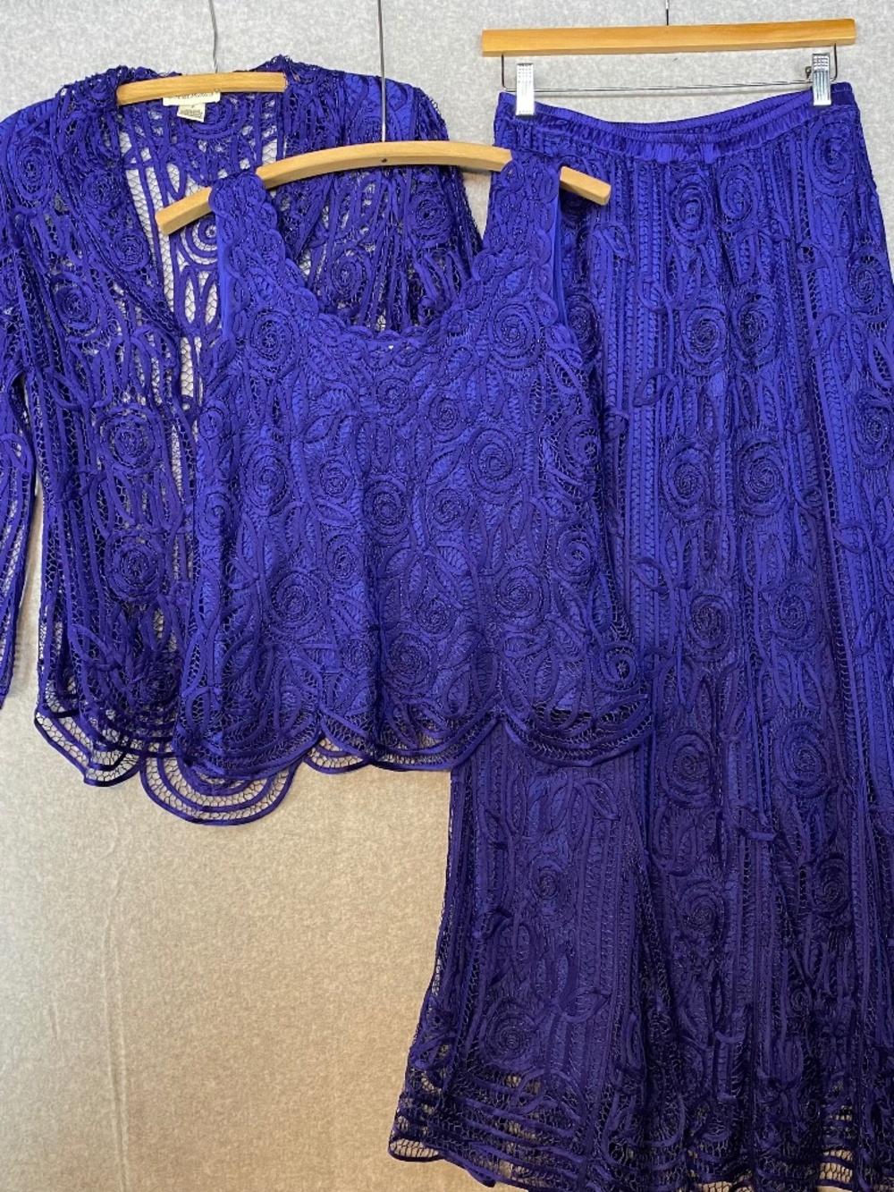 Vintage Soulmates Women’s Small BLUE • 3 Piece Tank Skirt Jacket • SILK Crochet